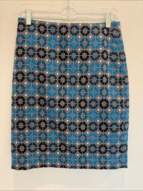 Talbots Blue and Gray Geo-Print Knit Pencil Skirt